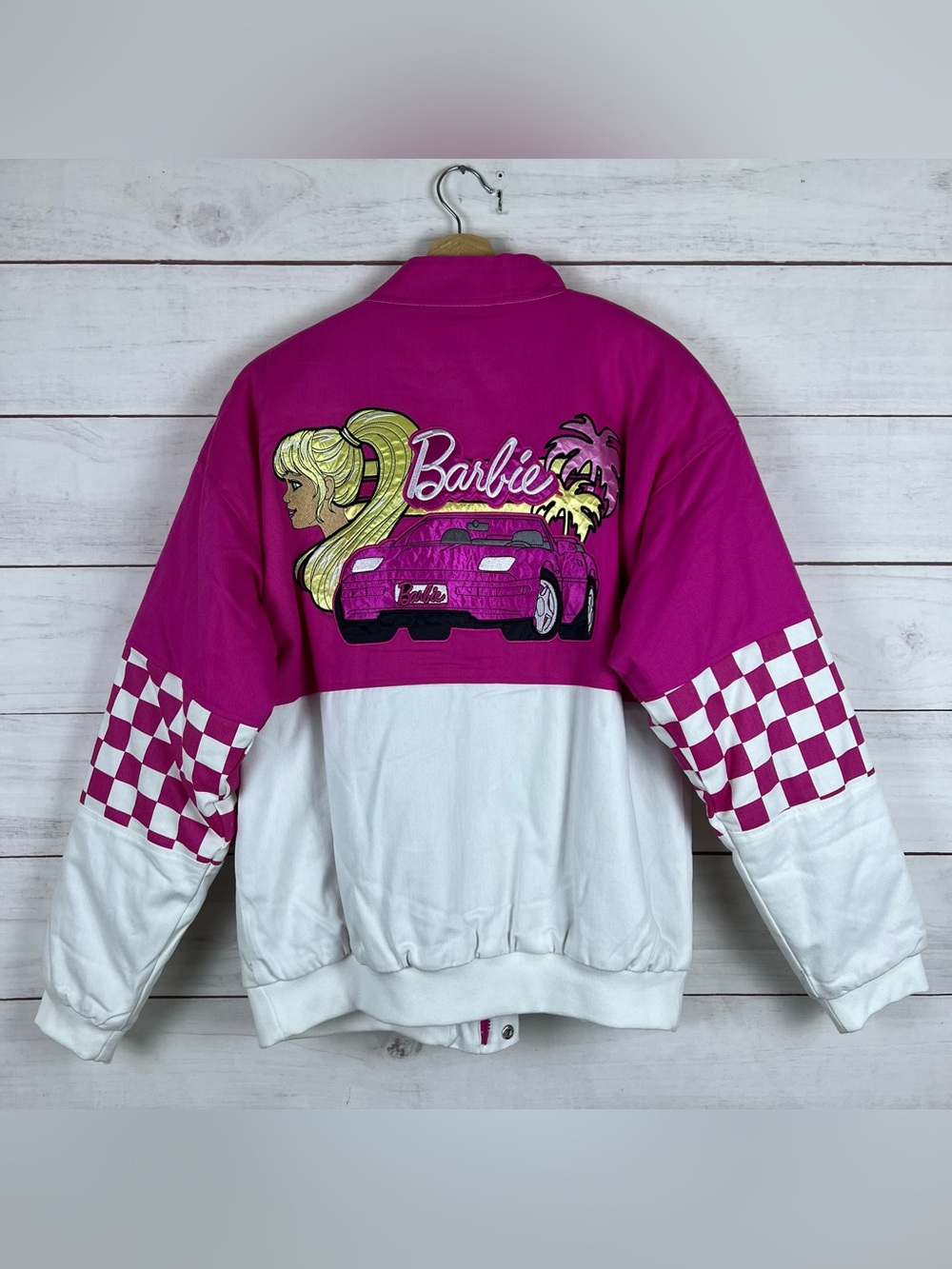 Women's BoxLunch Exclusive Mattel Barbie Checkered NASCAR Racing Jacket Sz Small